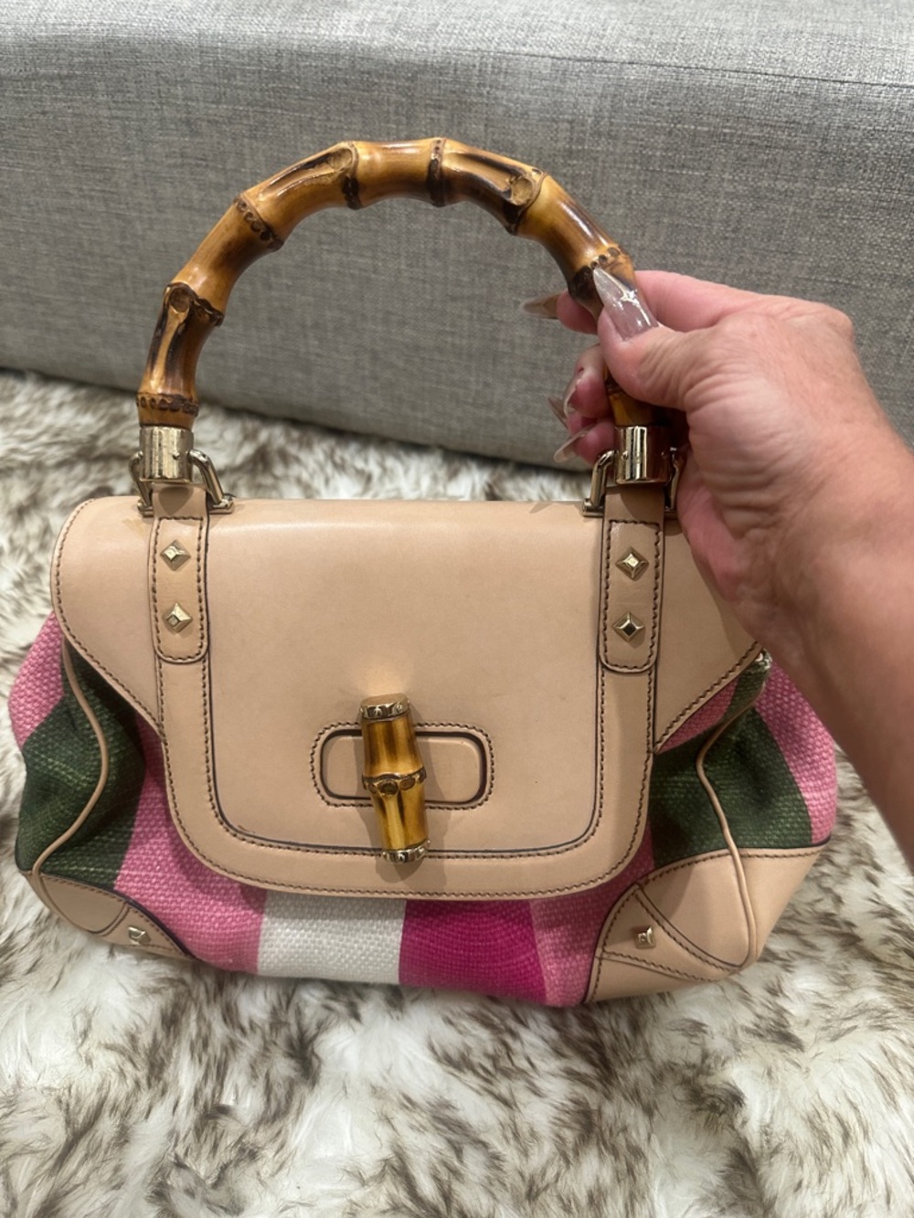 Gucci Beige Leather Shoulder Bag with Pink, White and Green Stripes